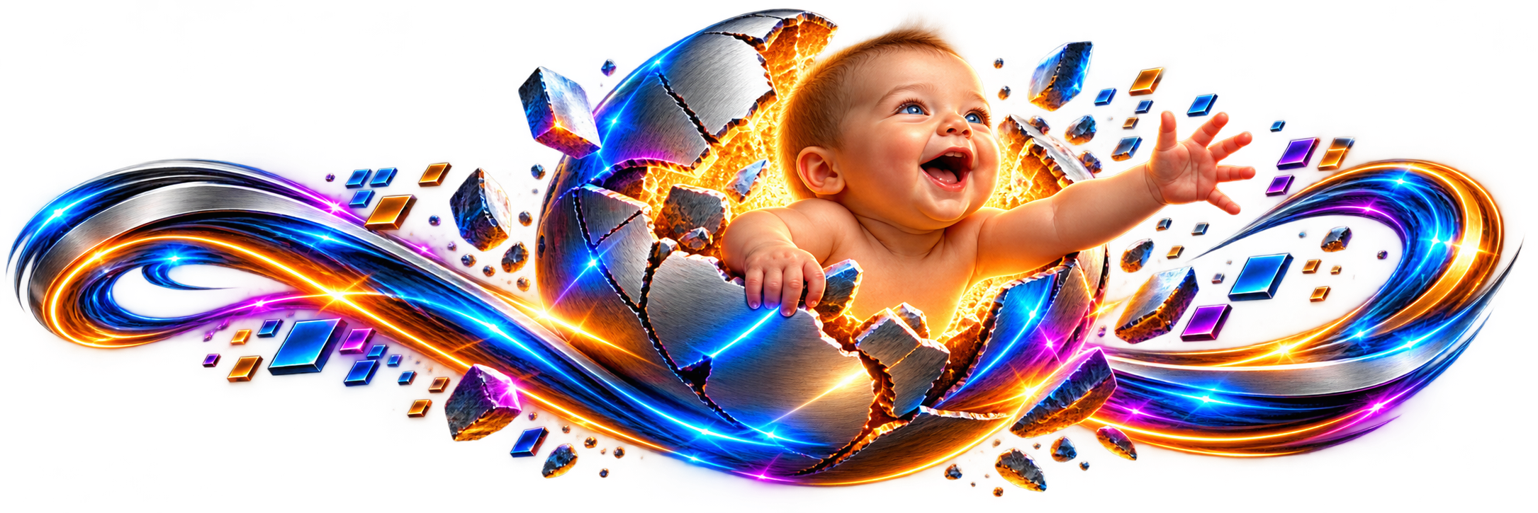 A smiling baby surrounded by colorful metallic swirls.