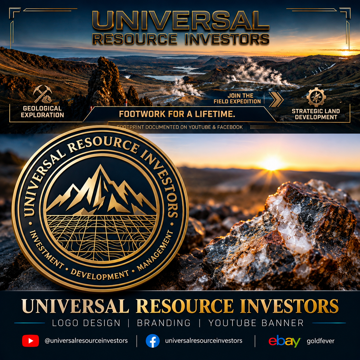 A promotional banner for Universal Resource Investors featuring a mountain landscape at sunset with rugged rocks in the foreground. The banner includes a logo with mountain peaks and a grid, and text highlighting investment in geological exploration, strategic land development, and field expeditions.