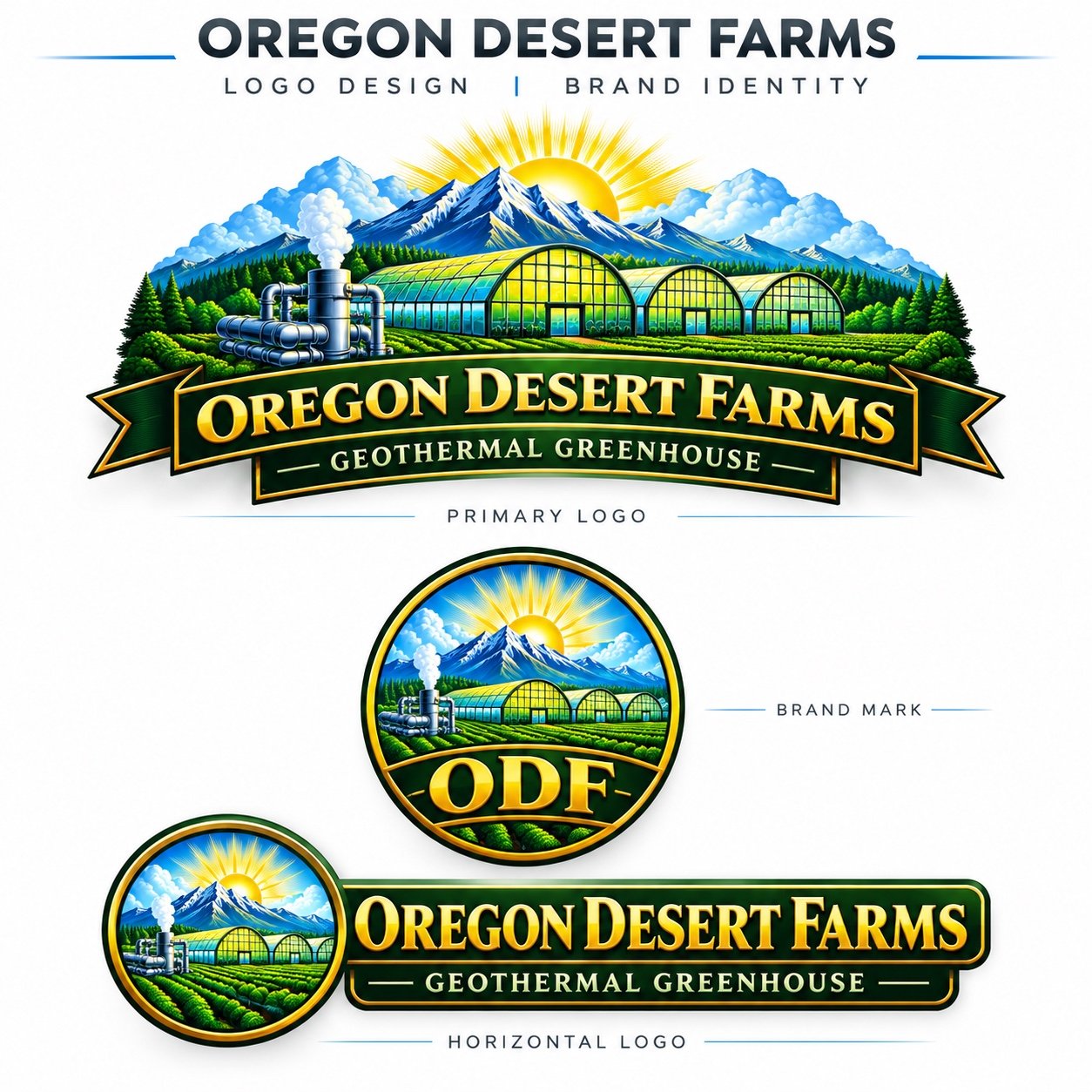 Designs for Oregon Desert Farms geothermal greenhouse logo, including a primary logo with mountains, sun, greenhouses, and a factory, as well as brand mark and horizontal logo variations.