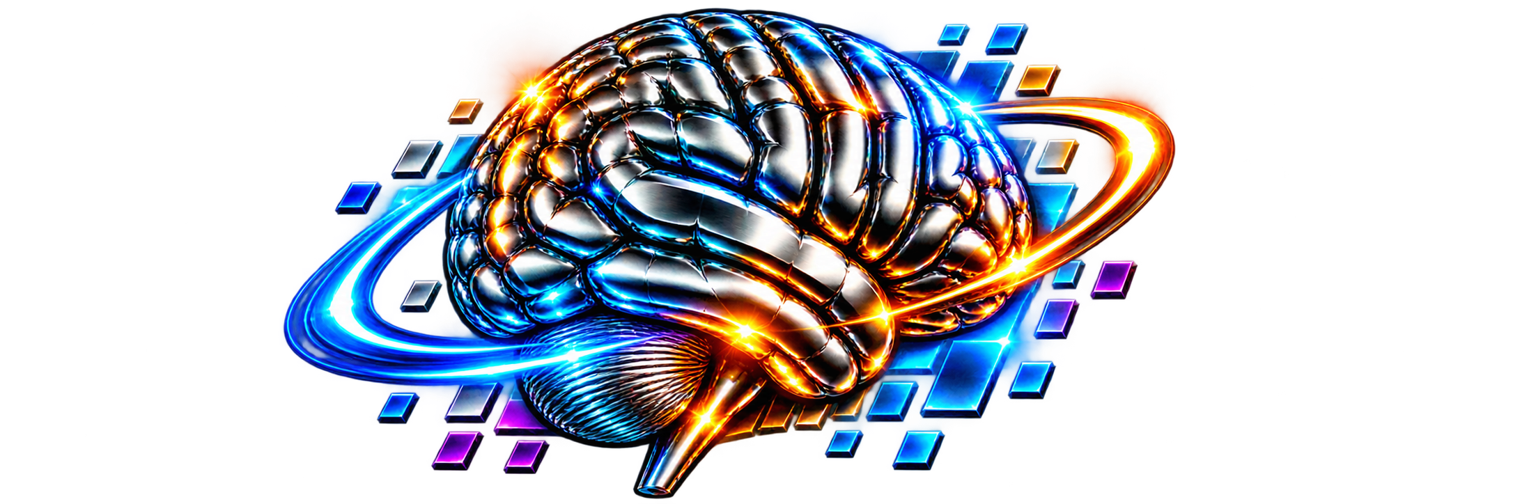 Metallic brain illustration with Blue and Gold orbital rings and digital accents.