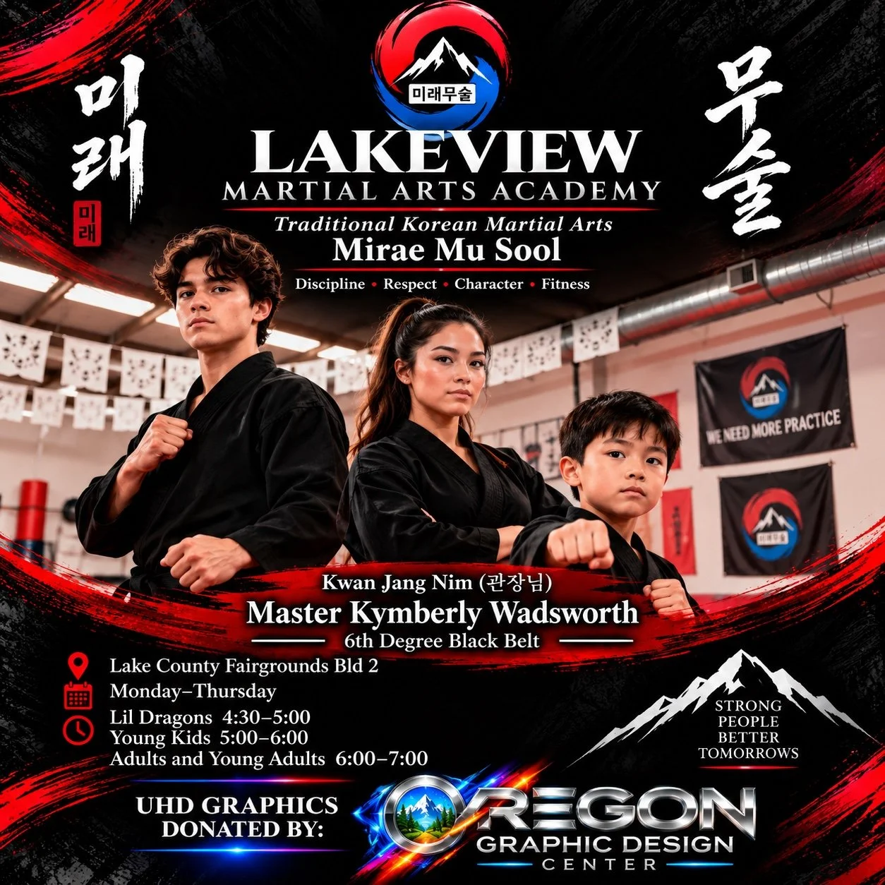 Lakeview Martial Arts Academy promotional flyer with red and black graphics, academy branding, class information, and martial artists.