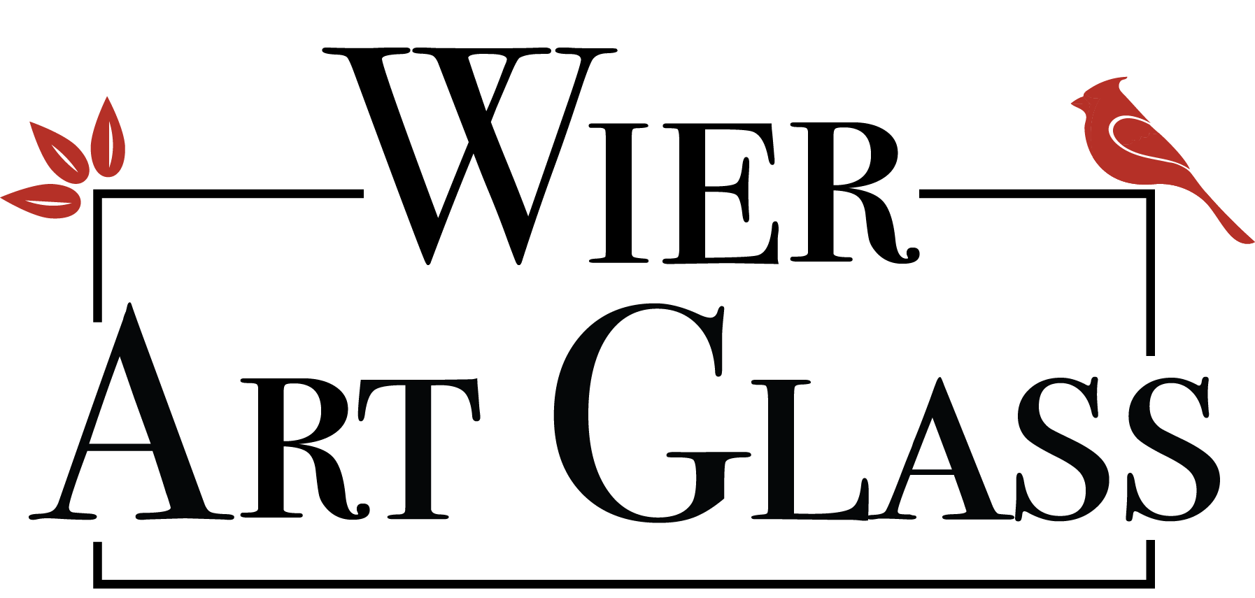 Logo for Wier Art Glass featuring black text with red decorative elements of a bird and leaves.