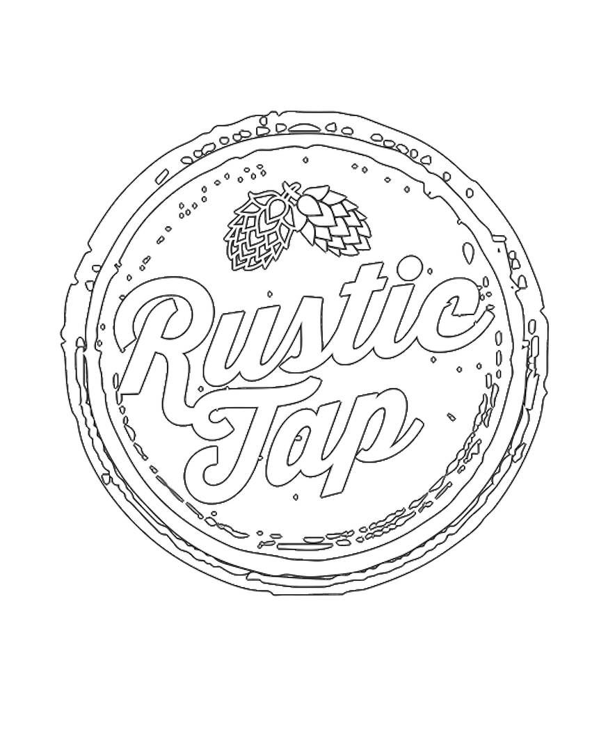 A circular logo with a black background and white outline, featuring the text 'Rustic Tap' in stylized script, and an illustration of hops at the top of the circle.