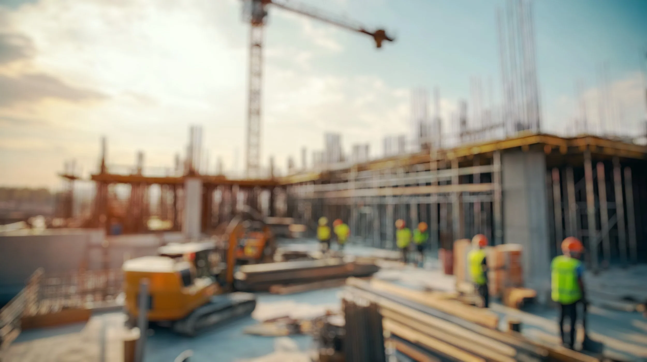 Construction workers wearing safety vests on a building site with a crane and partially built structure under a cloudy sky.