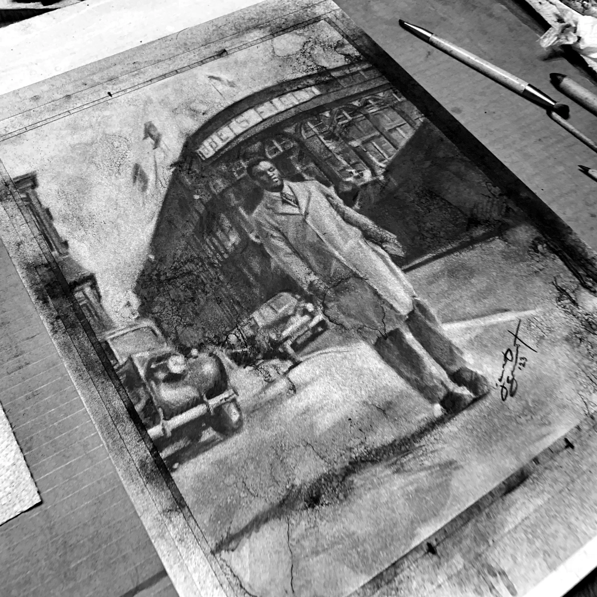 Black-and-white charocal/process image of Resilience, a charcoal drawing by Jacob Secrest.
