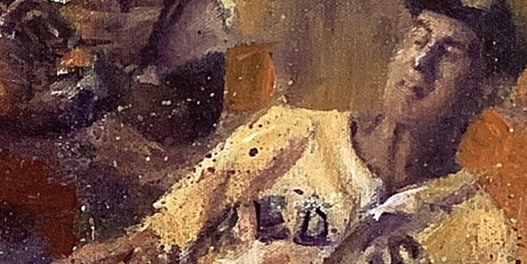 Legendary - Detail of acrylic painting of Ted Williams sliding into home as Yankees catcher Yogi Berra reaches to make the tag by Jacob Secrest.