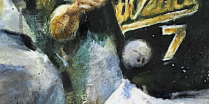 The Flip - Detail of acrylic painting of Derek Jeter making his famous flip play against the Oakland Athletics during the 2001 postseason by Jacob Secrest.