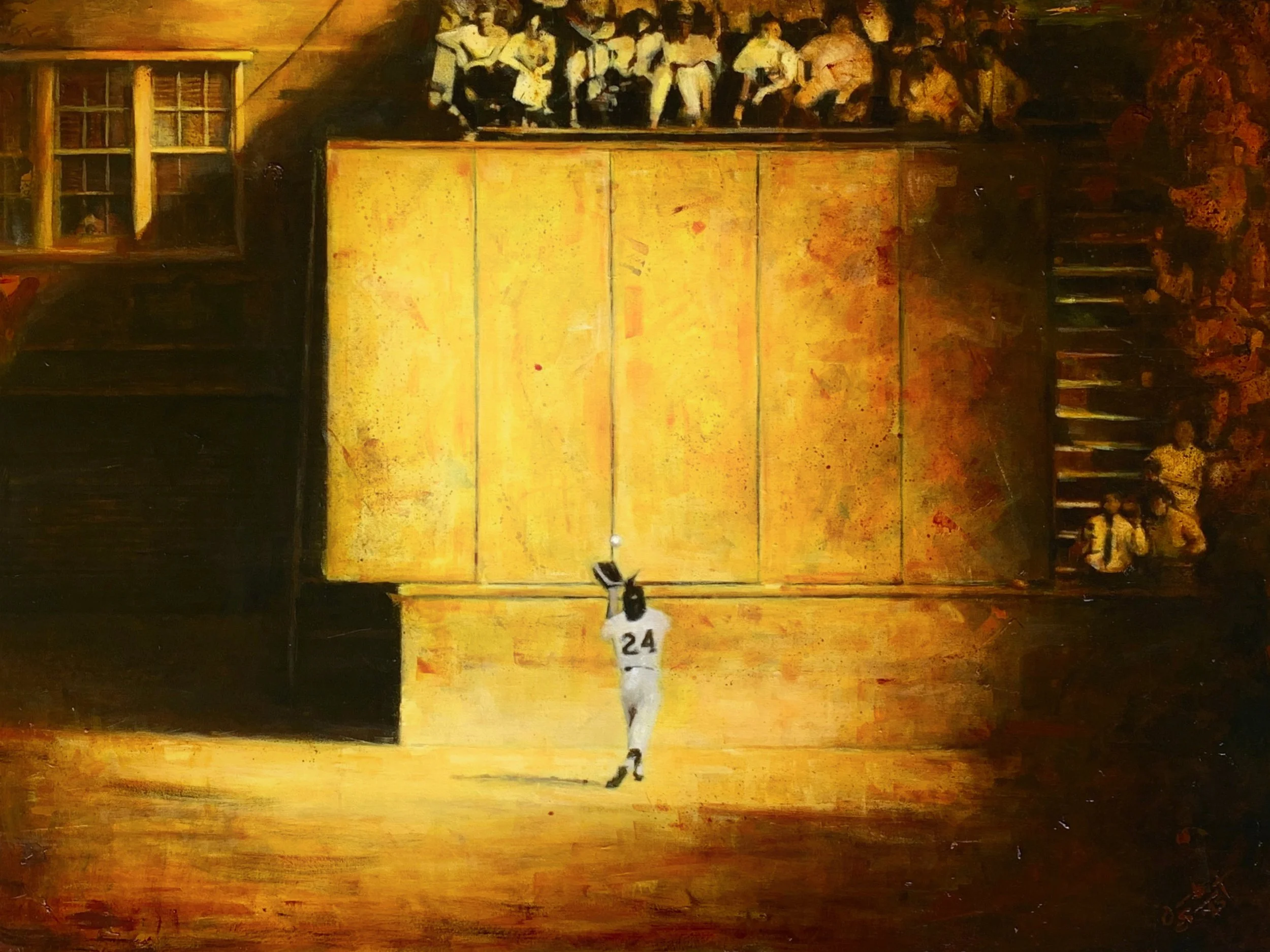 The Catch - acrylic painting of Willie Mays making his famous over-the-shoulder catch in the 1954 World Series by Jacob Secrest.