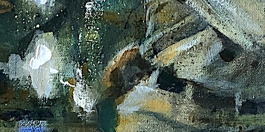Diminished - Detail of expressive acrylic painting of Shoeless Joe Jackson at the plate, rendered with layered texture and loose brushwork by Jacob Secrest.