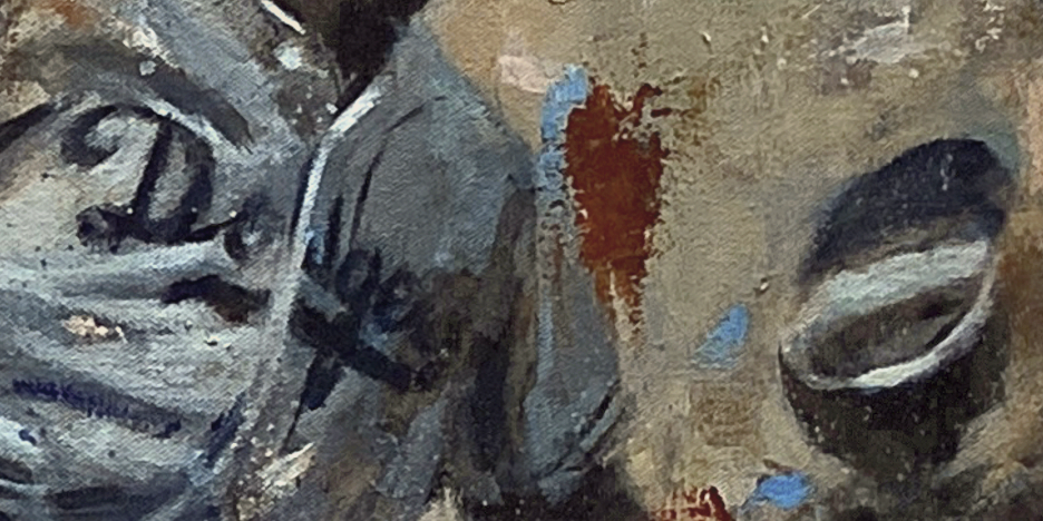 Unequaled - Detail of acrylic painting of Jackie Robinson stealing home, capturing the movement and intensity of the play by Jacob Secrest.