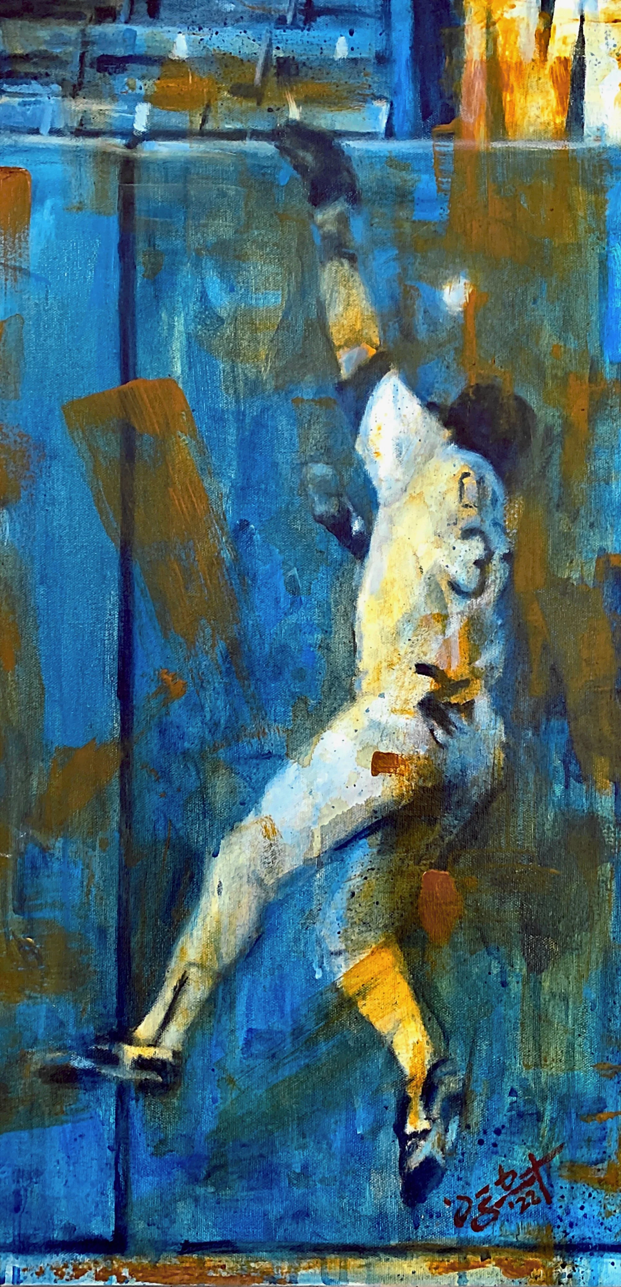Mishap - acrylic painting of Jose Canseco at the outfield wall during the infamous play when a fly ball bounced off his head for a home run by Jacob Secrest.