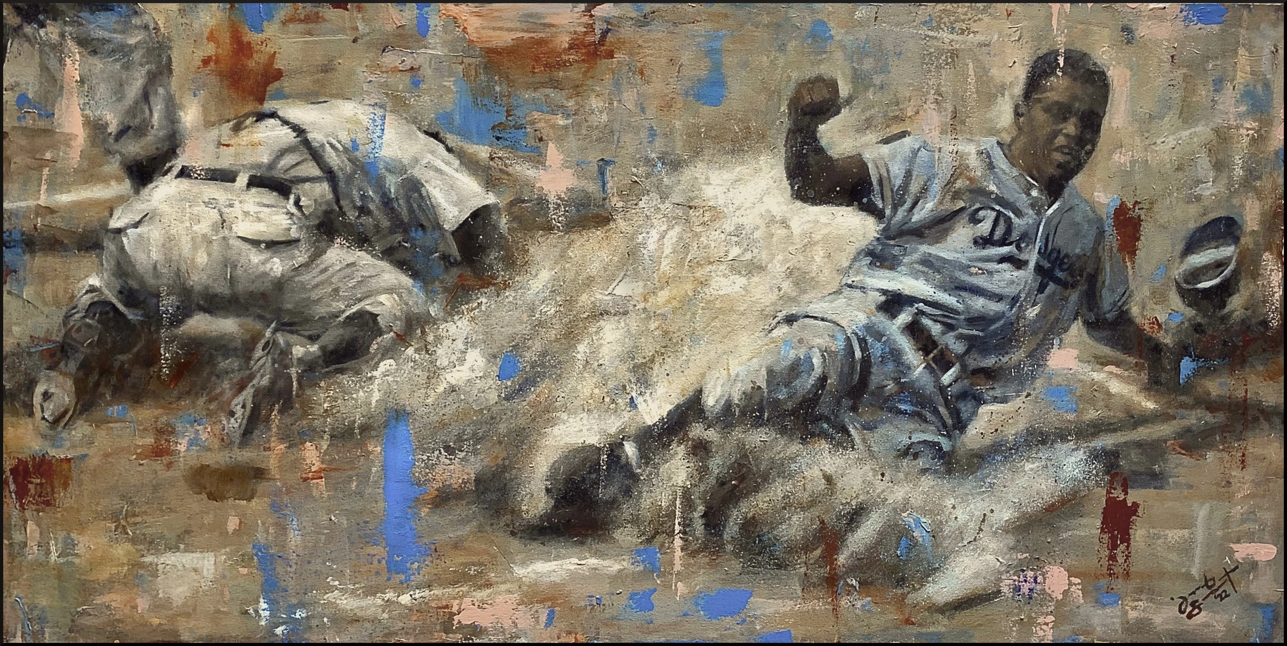 Unequaled - acrylic painting of Jackie Robinson stealing home, capturing the movement and intensity of the play, by Jacob Secrest.