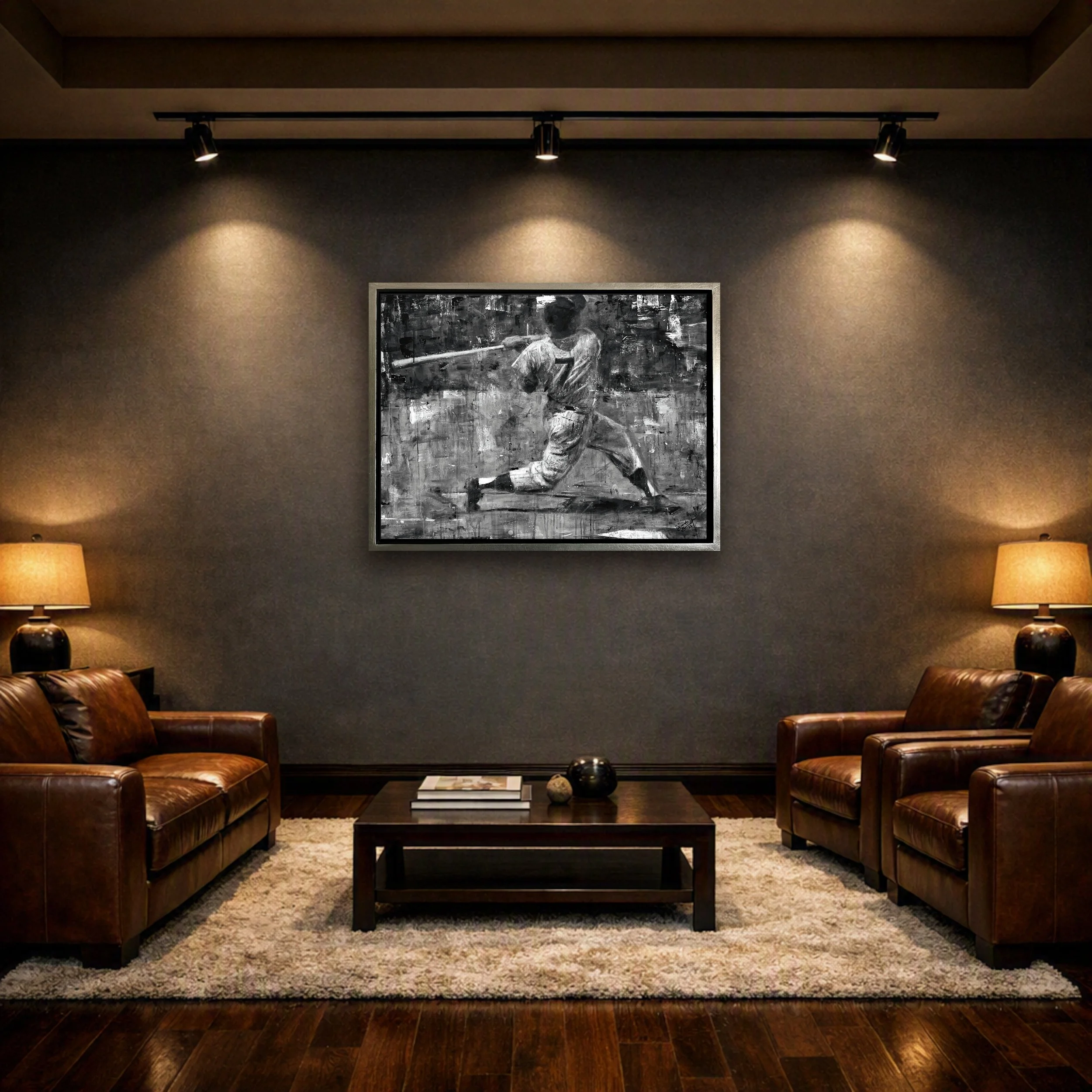 The Mick - In situ black-and-white acrylic painting of Mickey Mantle from behind after his swing, wearing his iconic Yankees number 7, by Jacob Secrest.