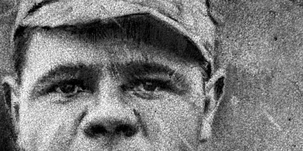 Prologue - detail of charcoal portrait of a young Babe Ruth in his Boston Red Sox uniform before his legendary Yankees career by Jacob Secrest.
