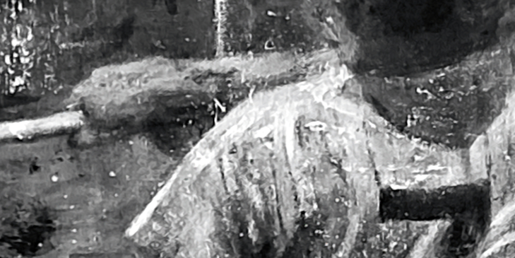 The Mick - Detail of black-and-white acrylic painting of Mickey Mantle from behind after his swing, wearing his iconic Yankees number 7, by Jacob Secrest.