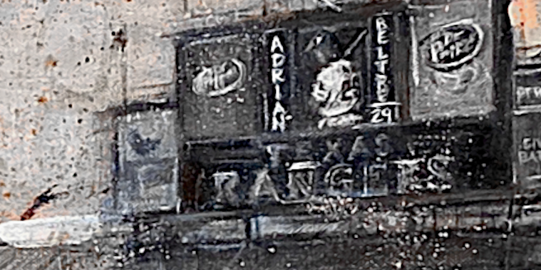 The Ballpark in Arlington - detail of textured acrylic painting of a baseball game inside The Ballpark in Arlington, home of the Texas Rangers, by Jacob Secrest.