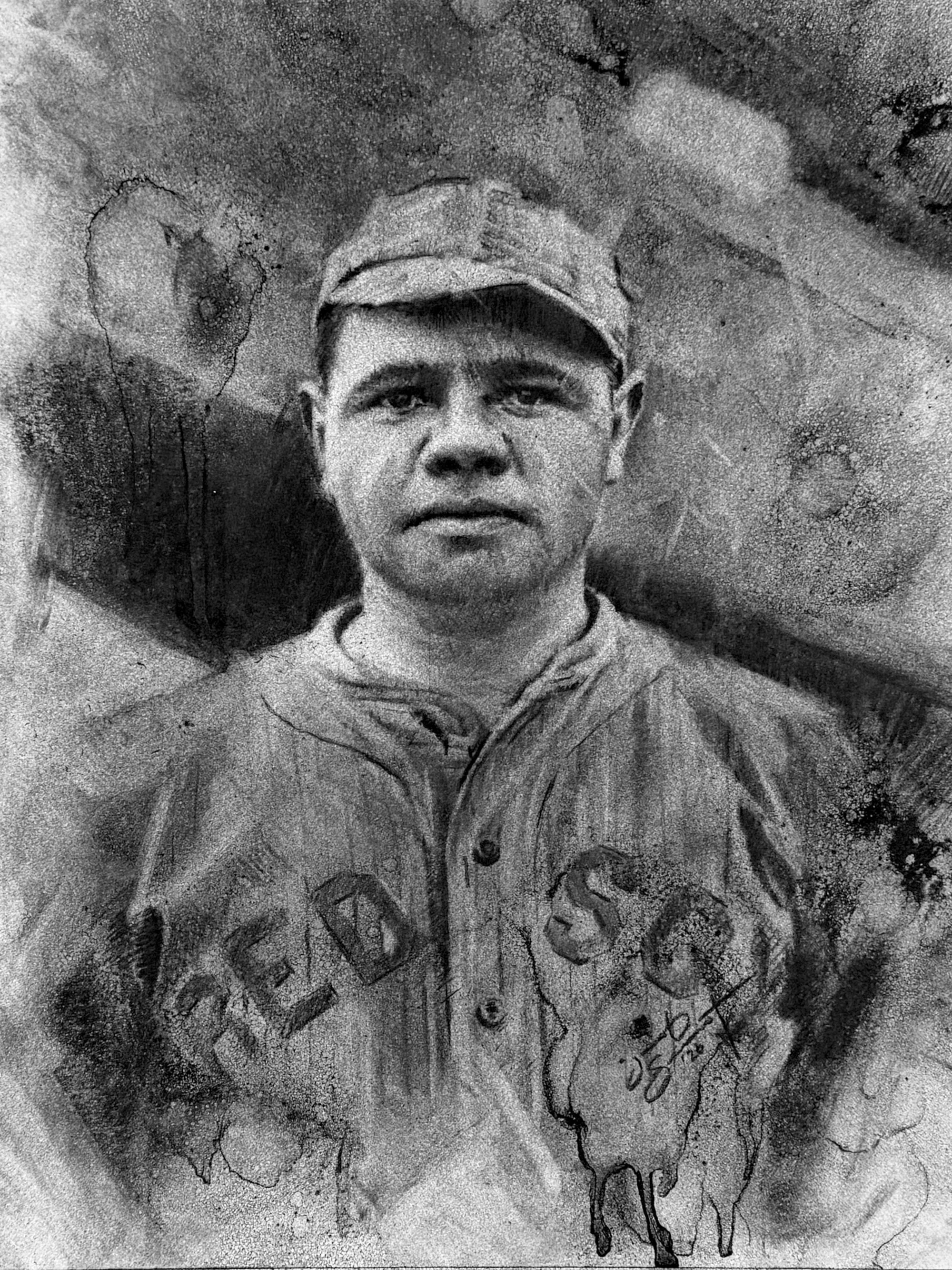 Prologue - Charcoal portrait of a young Babe Ruth in his Boston Red Sox uniform before his legendary Yankees career by Jacob Secrest.