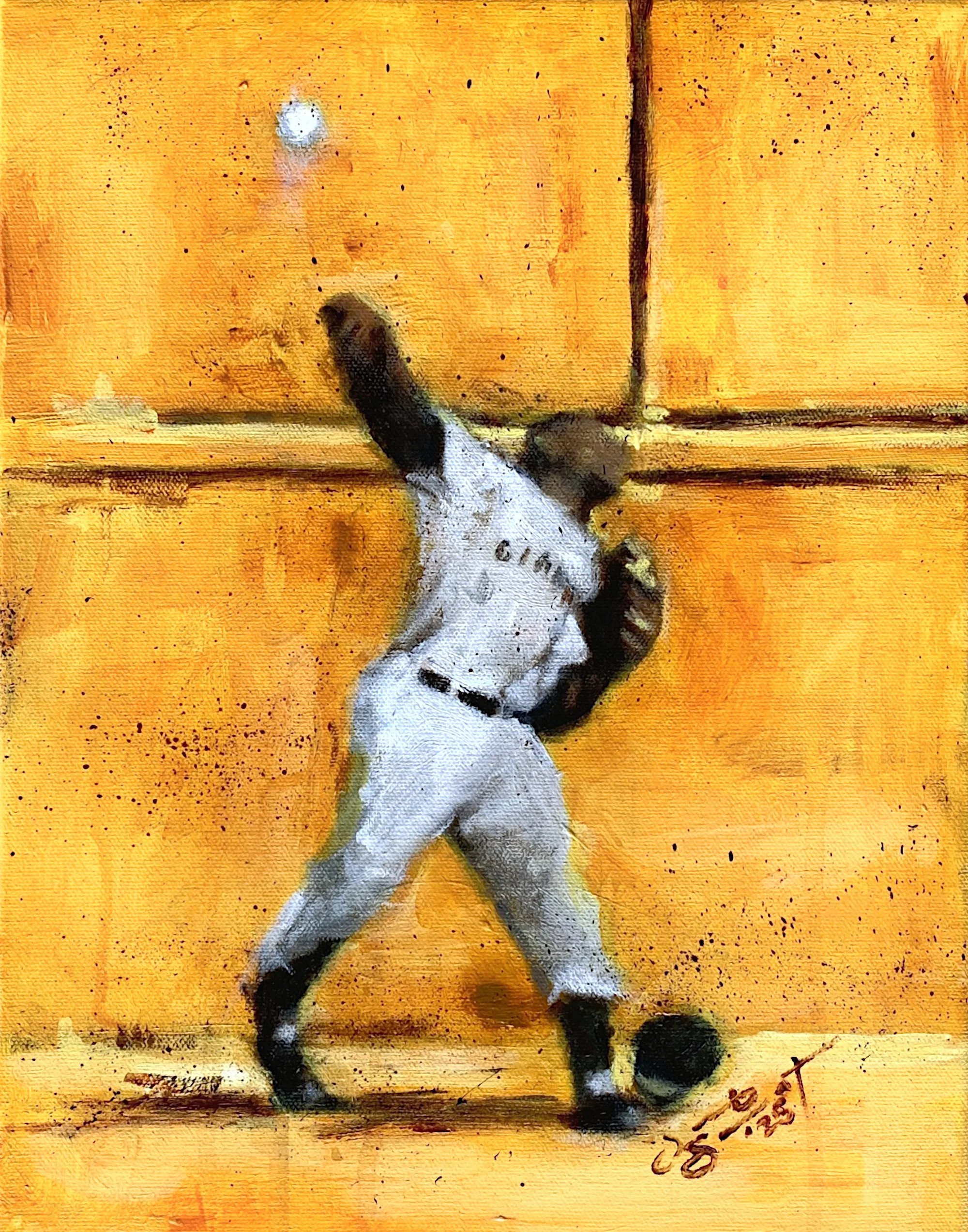 The Throw - study acrylic painting of Willie May's throw after making his famous over-the-shoulder catch in the 1954 World Series by Jacob Secrest.