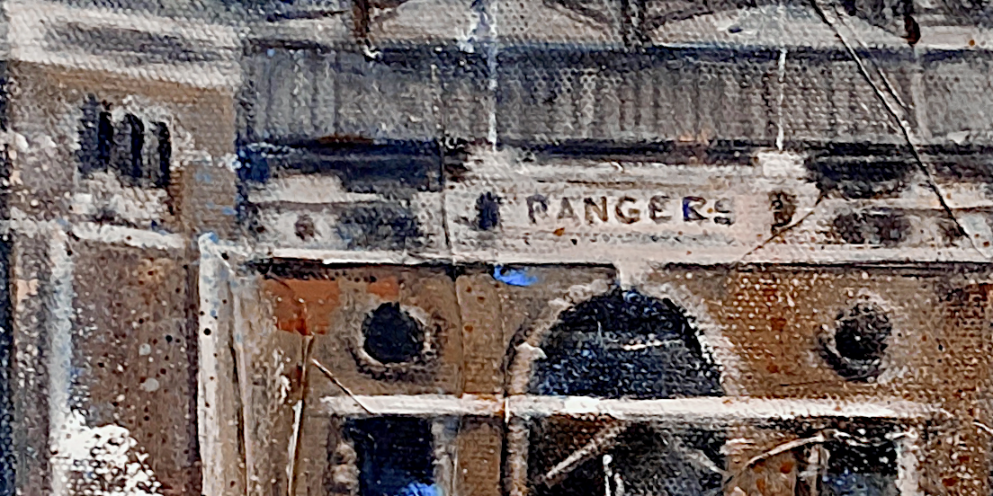The Ballpark in Arlington - Exterior - detail of expressive acrylic painting of the brick exterior facade of The Ballpark in Arlington, former home of the Texas Rangers, by Jacob Secrest.
