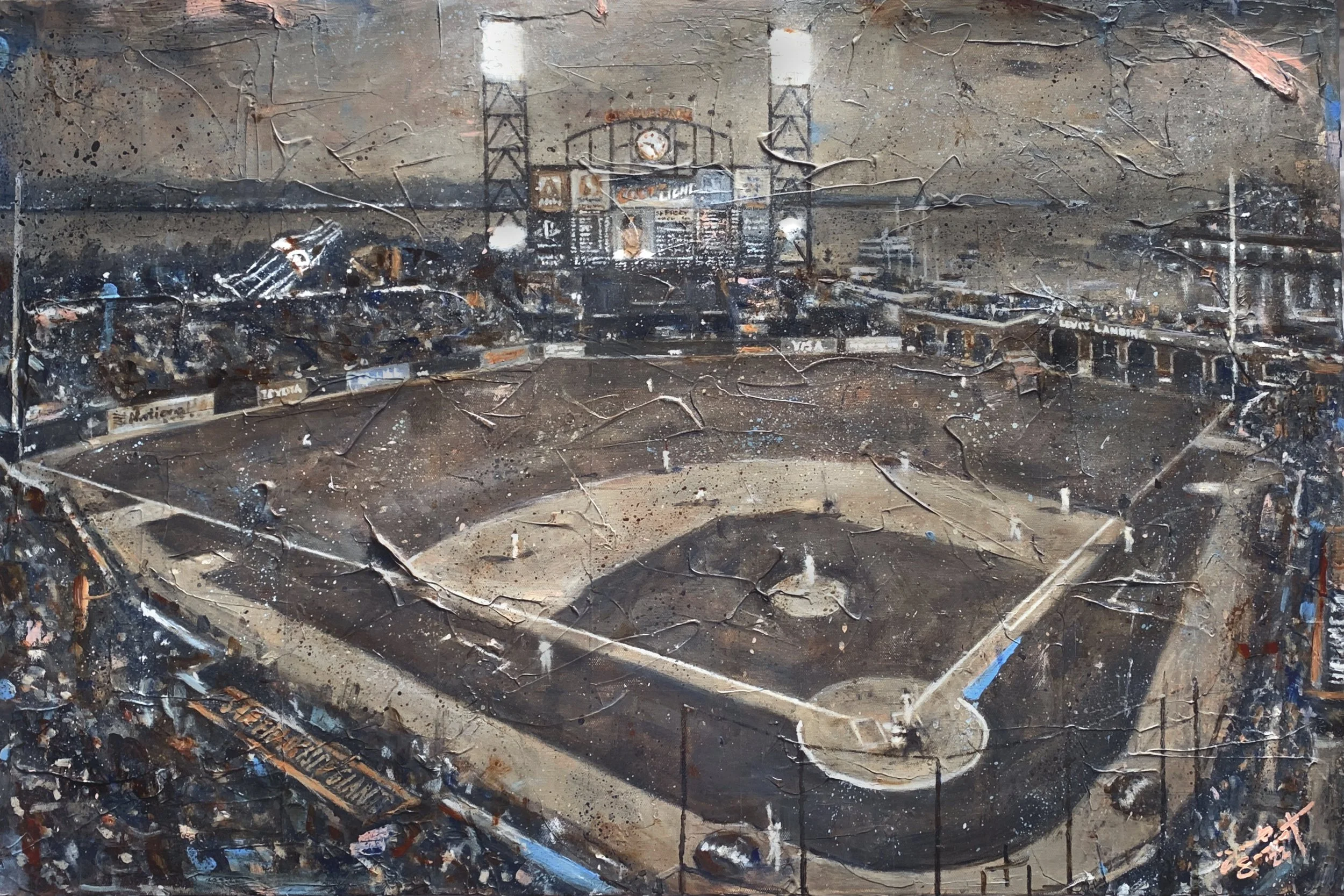 Oracle Park, acrylic painting of the San Francisco Giants ballpark viewed from above by artist Jacob Secrest
