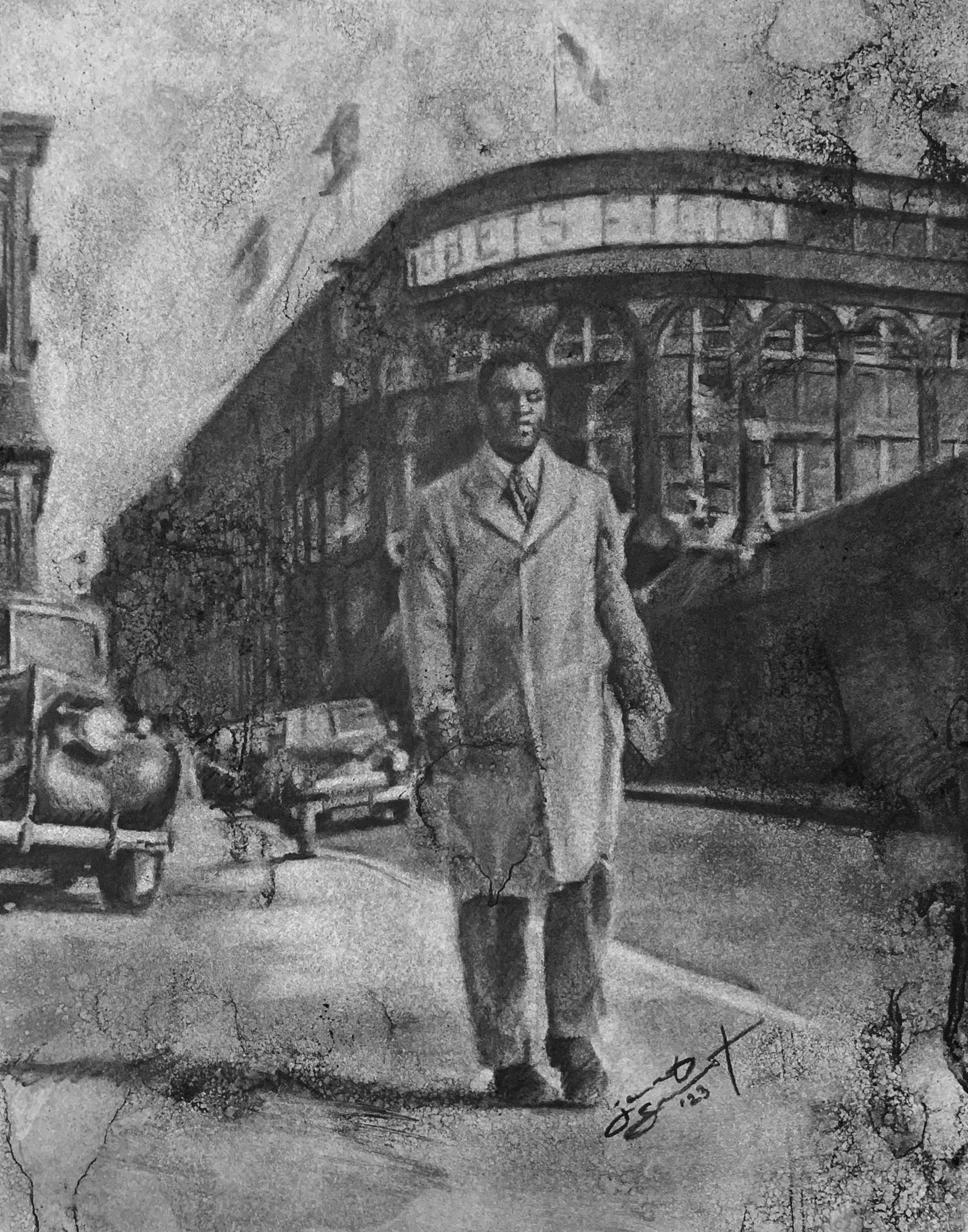 Resilience - charcoal drawing of Jackie Robinson walking away from Ebbets Field with his head held high by Jacob Secrest.