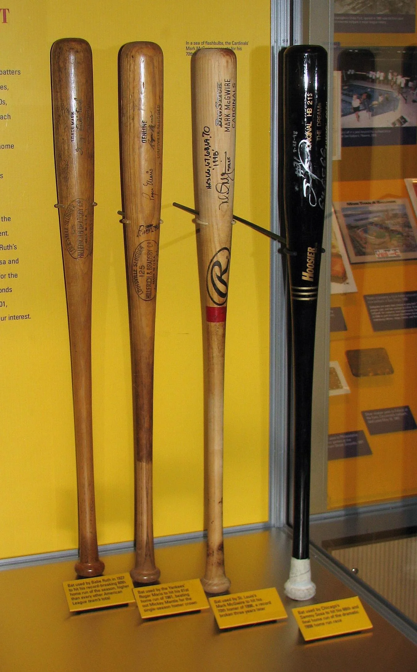 Historic home run bats used by Babe Ruth, Roger Maris, Mark McGwire and Sammy Sosa, including the bat Maris used to hit his 61st home run in 1961.