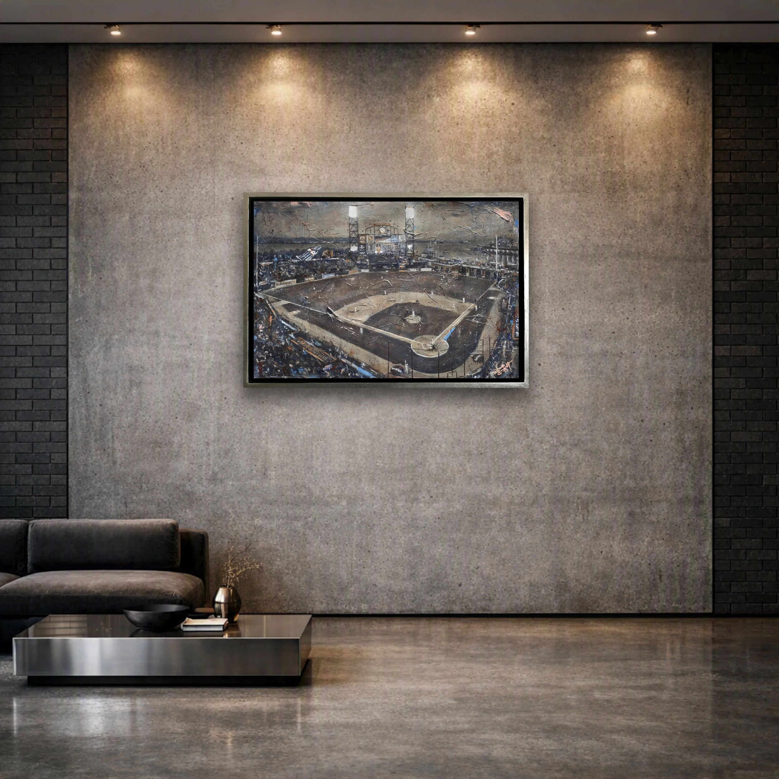 Oracle Park - In situ aerial acrylic painting of Oracle Park and McCovey Cove in San Francisco, rendered in a restrained vintage-inspired palette by Jacob Secrest.
