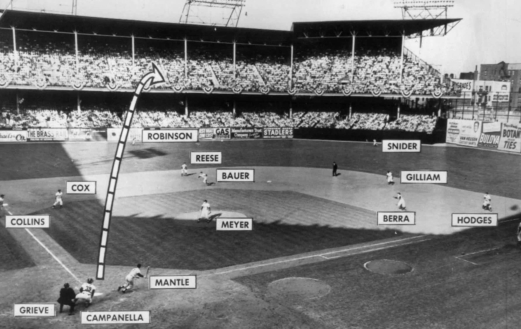 Mickey Mantle hits a grand slam during Game 5 of the 1953 World Series at Ebbets Field.