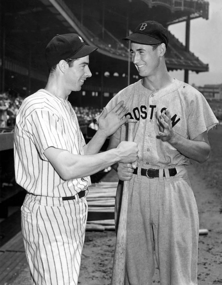 Joe DiMaggio of the New York Yankees and Ted Williams of the Boston Red Sox together in 1942.