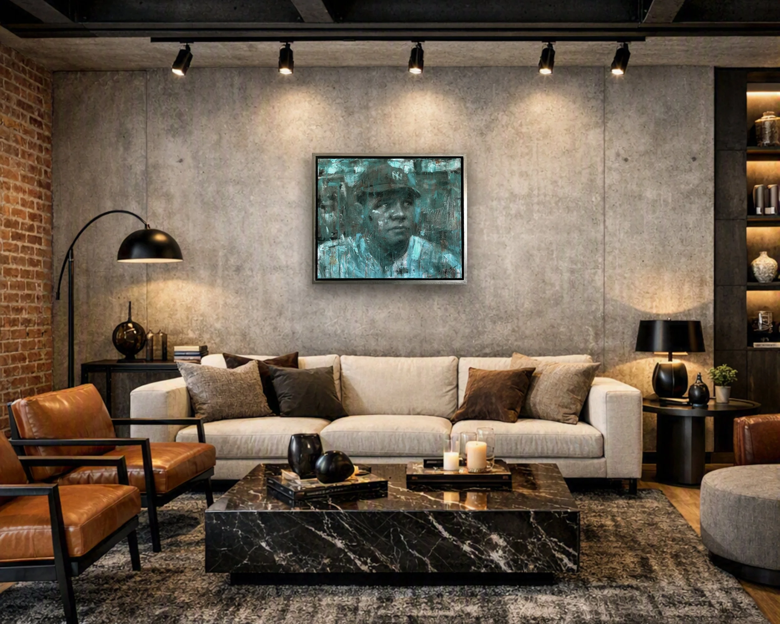 Immortal - in situ abstract acrylic painting of Babe Ruth in a Yankees cap, rendered in layered teal, gray and black textures, by Jacob Secrest.