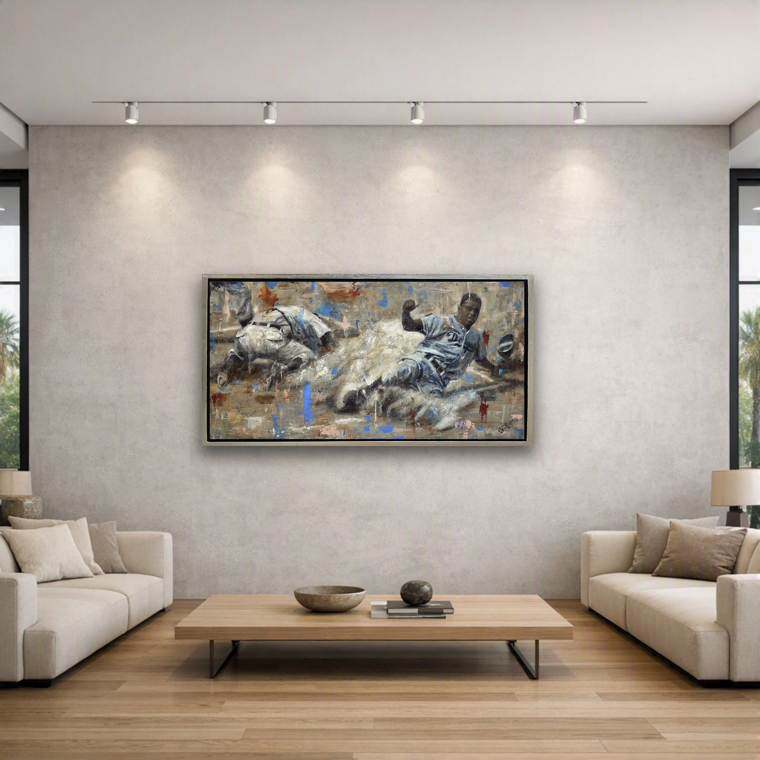 Unequaled - In situ acrylic painting of Jackie Robinson stealing home, capturing the movement and intensity of the play by Jacob Secrest.