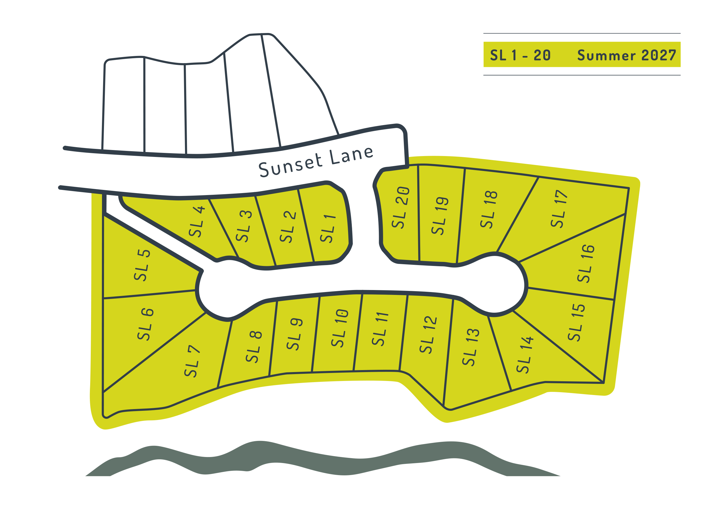 Illustrated map of lots SL 1–20 available the summer of 2027