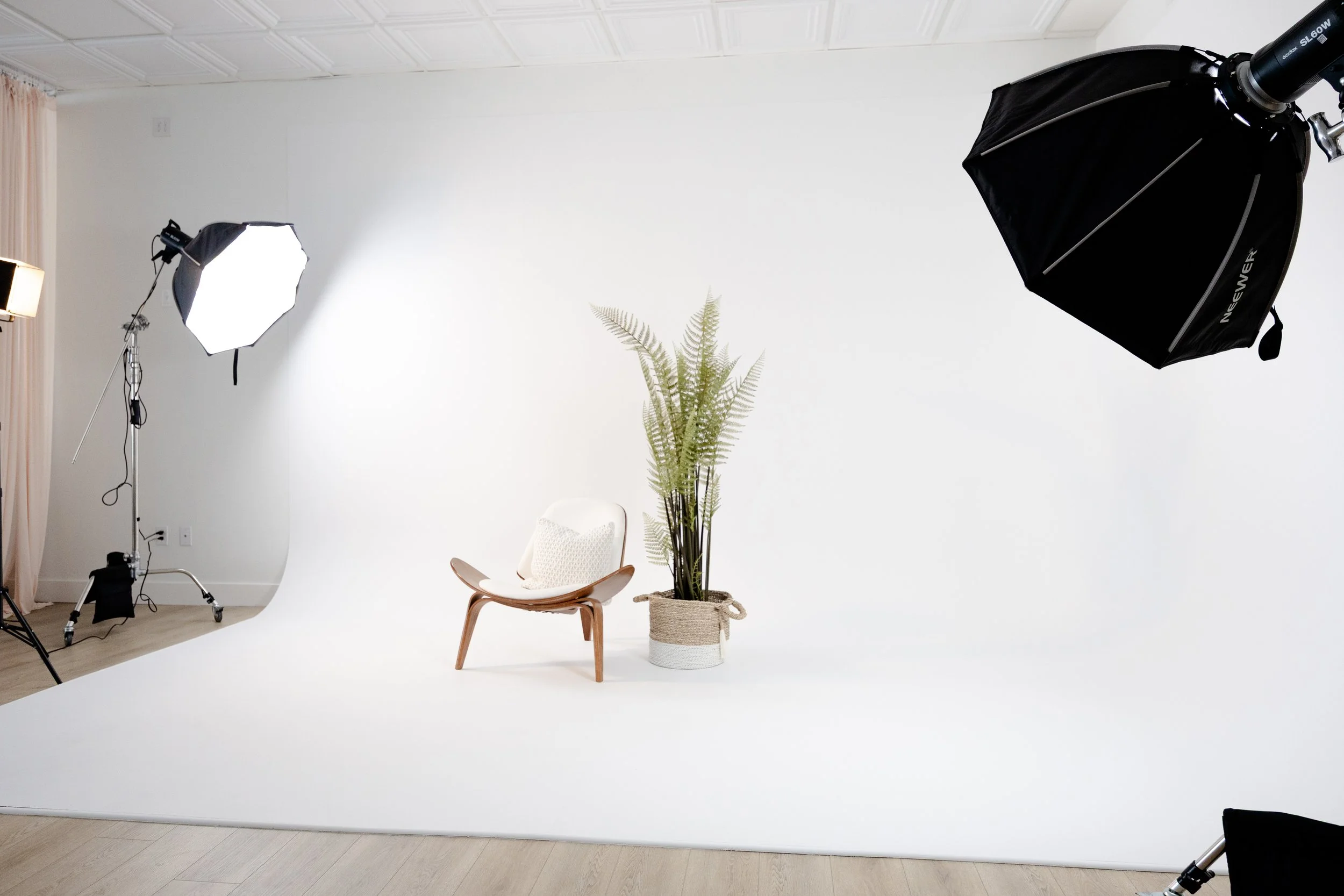 Photography studio setup with professional lighting, a white backdrop, a chair, a potted plant, and equipment.
