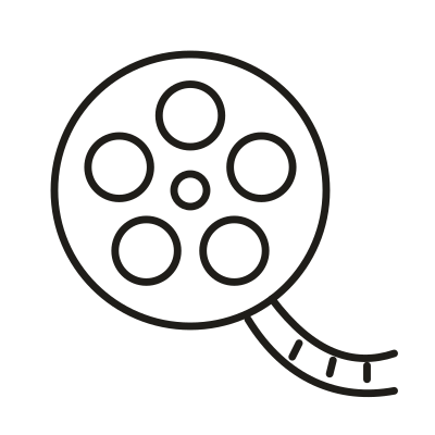 Outline of a film reel with a film strip.
