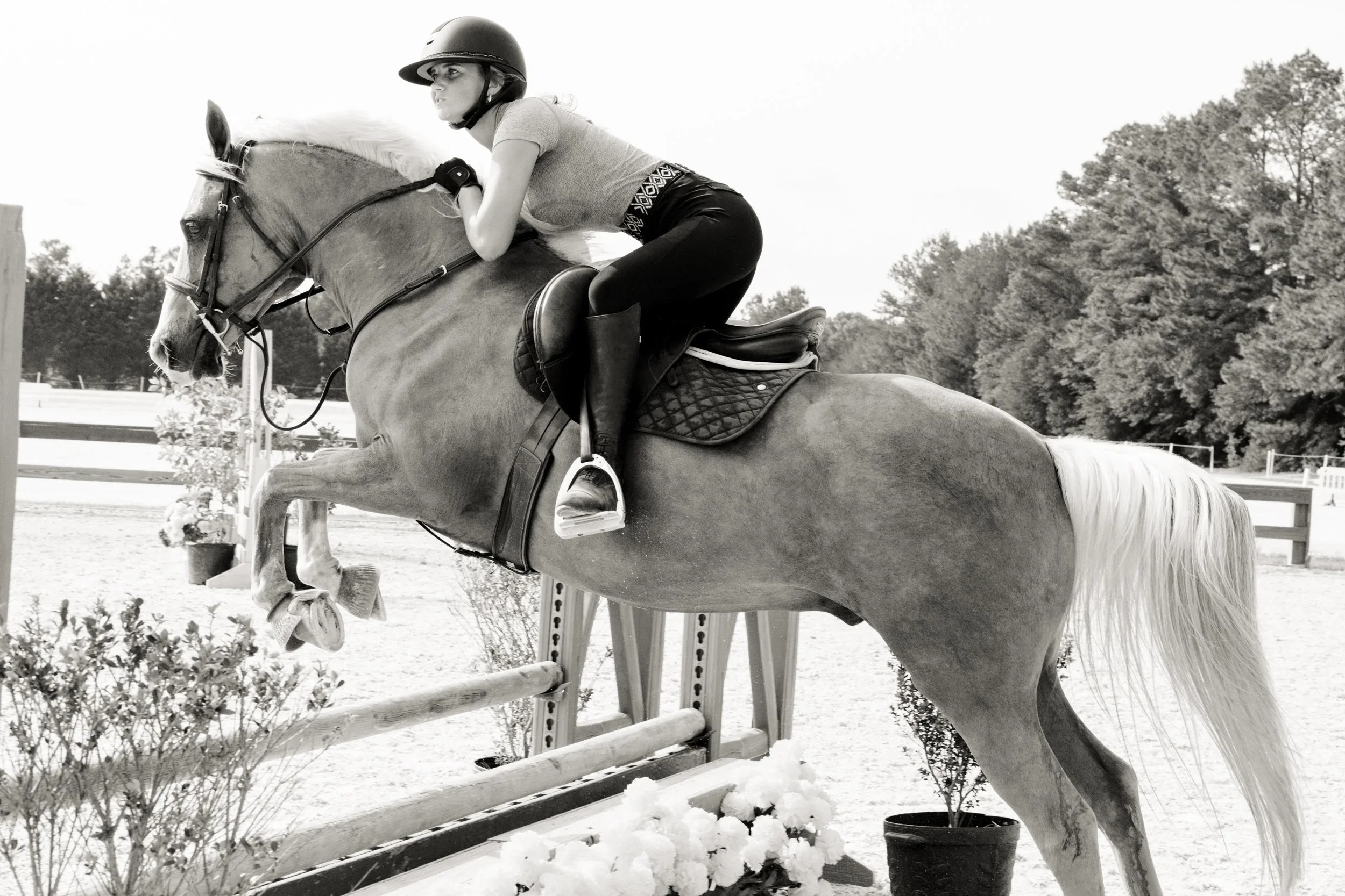 A woman riding a horse in an outdoor arena, wearing a helmet and casual riding clothes, with trees in the background.