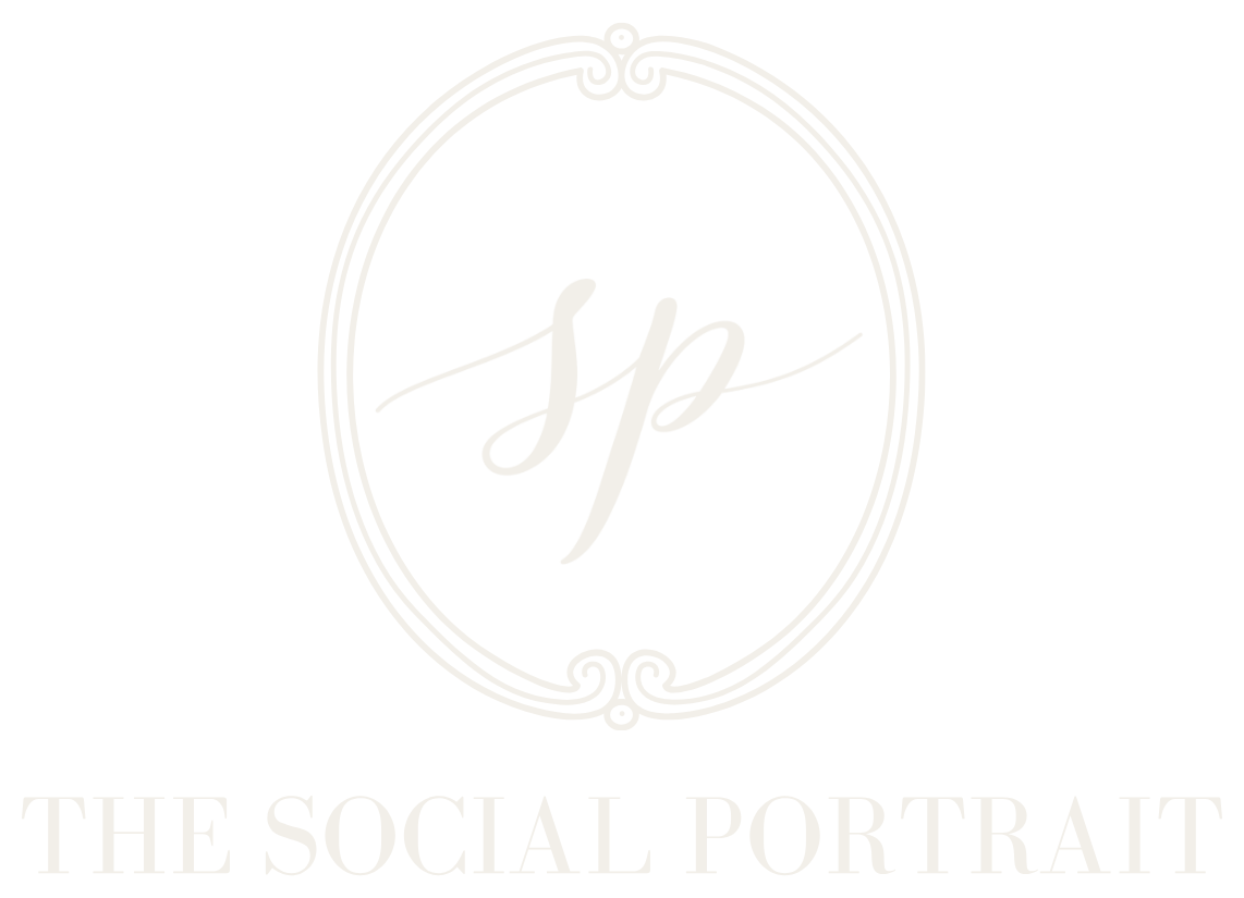 Logo with a black background, featuring a white oval outline with decorative corners, and the initials 'sp' in the center. Below the logo, the text reads, 'THE SOCIAL PORTRAIT'.