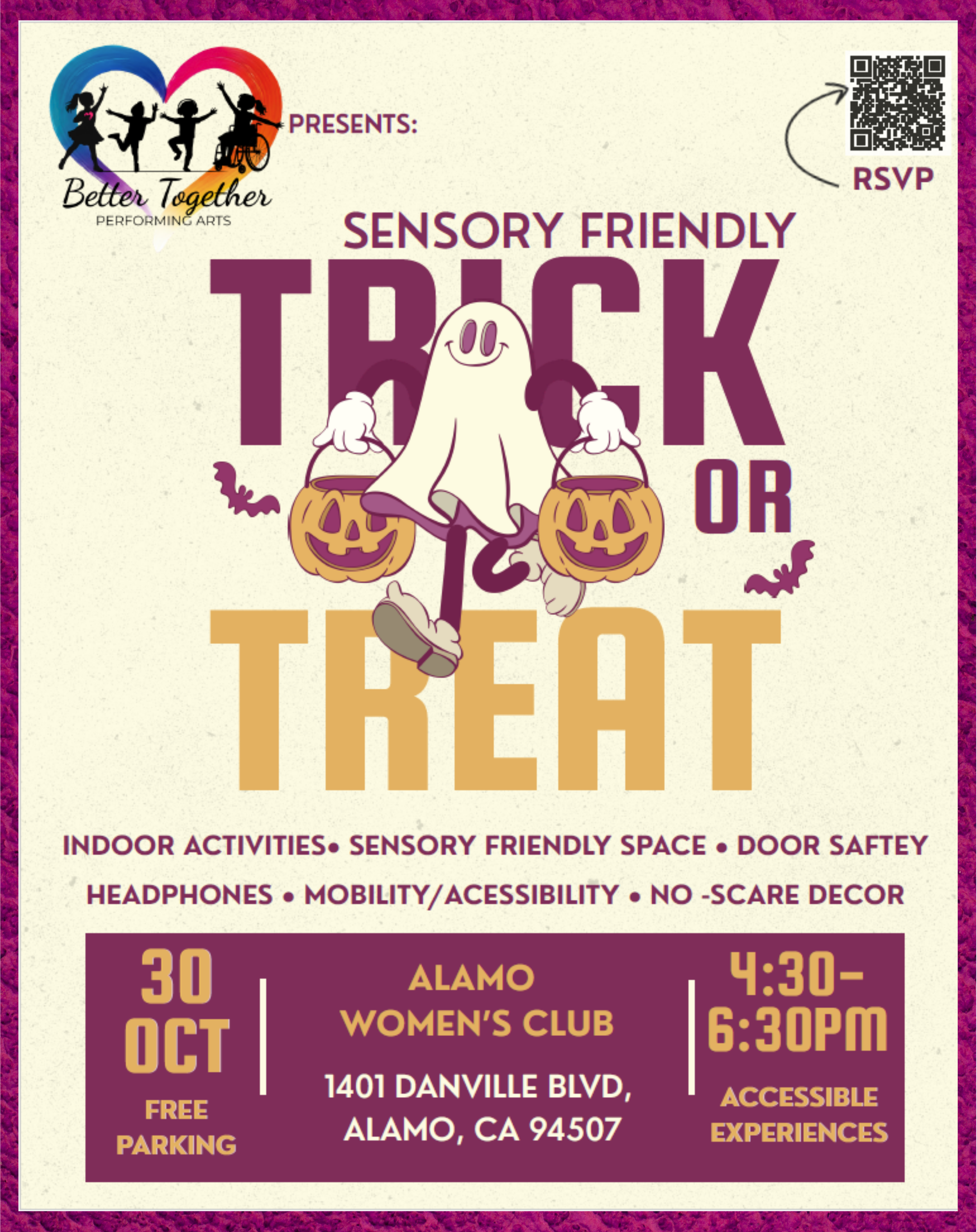 Sensory-friendly Trick or Treat event flyer from Better Together Performing Arts on October 30 at Alamo Women’s Club in Alamo, California, featuring an inclusive ghost holding jack-o’-lanterns.
