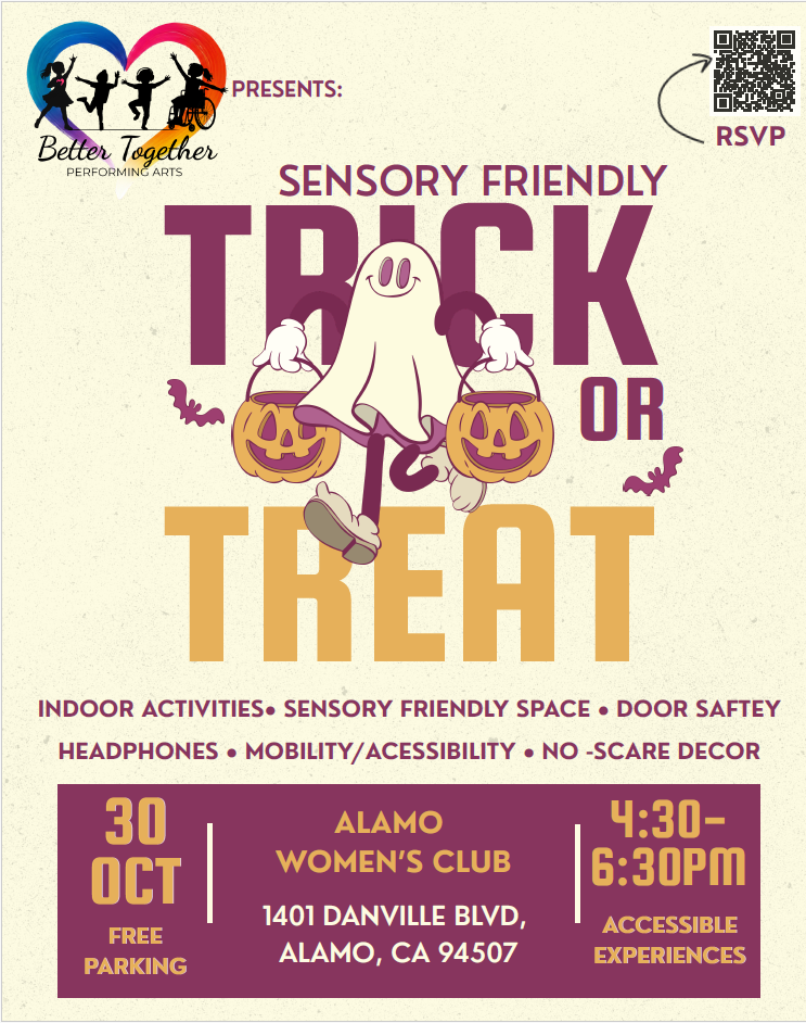 Sensory-friendly Trick-or-Treat event flyer featuring a smiling ghost holding pumpkin candy buckets, October 30 at Alamo Women’s Club in Alamo, California.