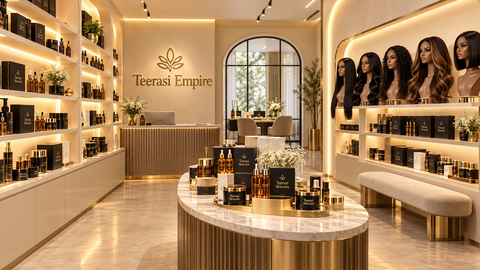 Teerasi Empire boutique concept featuring skincare products on illuminated shelves and wigs on display in a cream-and-gold interior.