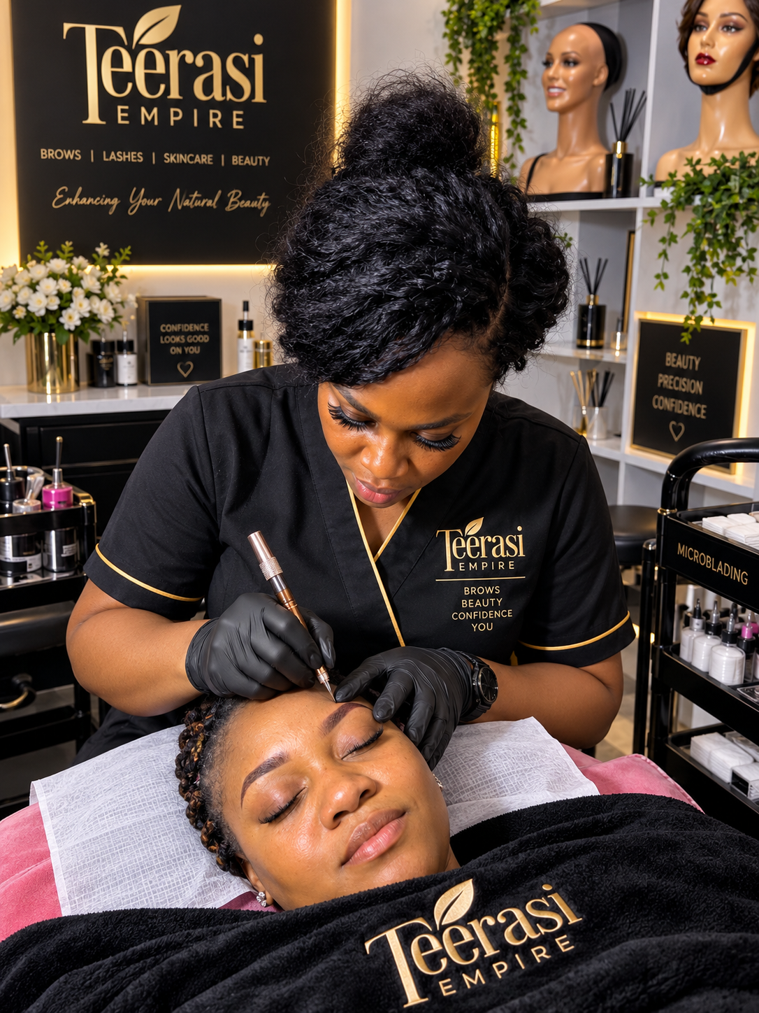Beauty therapist performing microblading services on a reclining client at Teerasi Empire