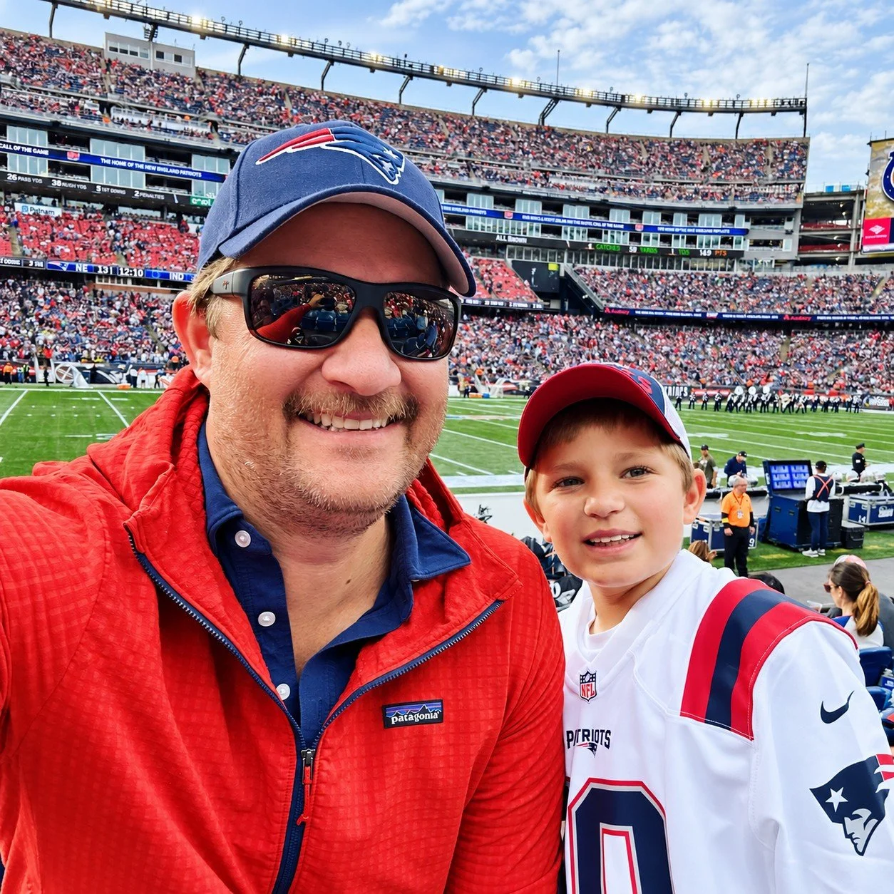 Nick and Reid at field level at Gillette Stadium, Patriots vs. Colts