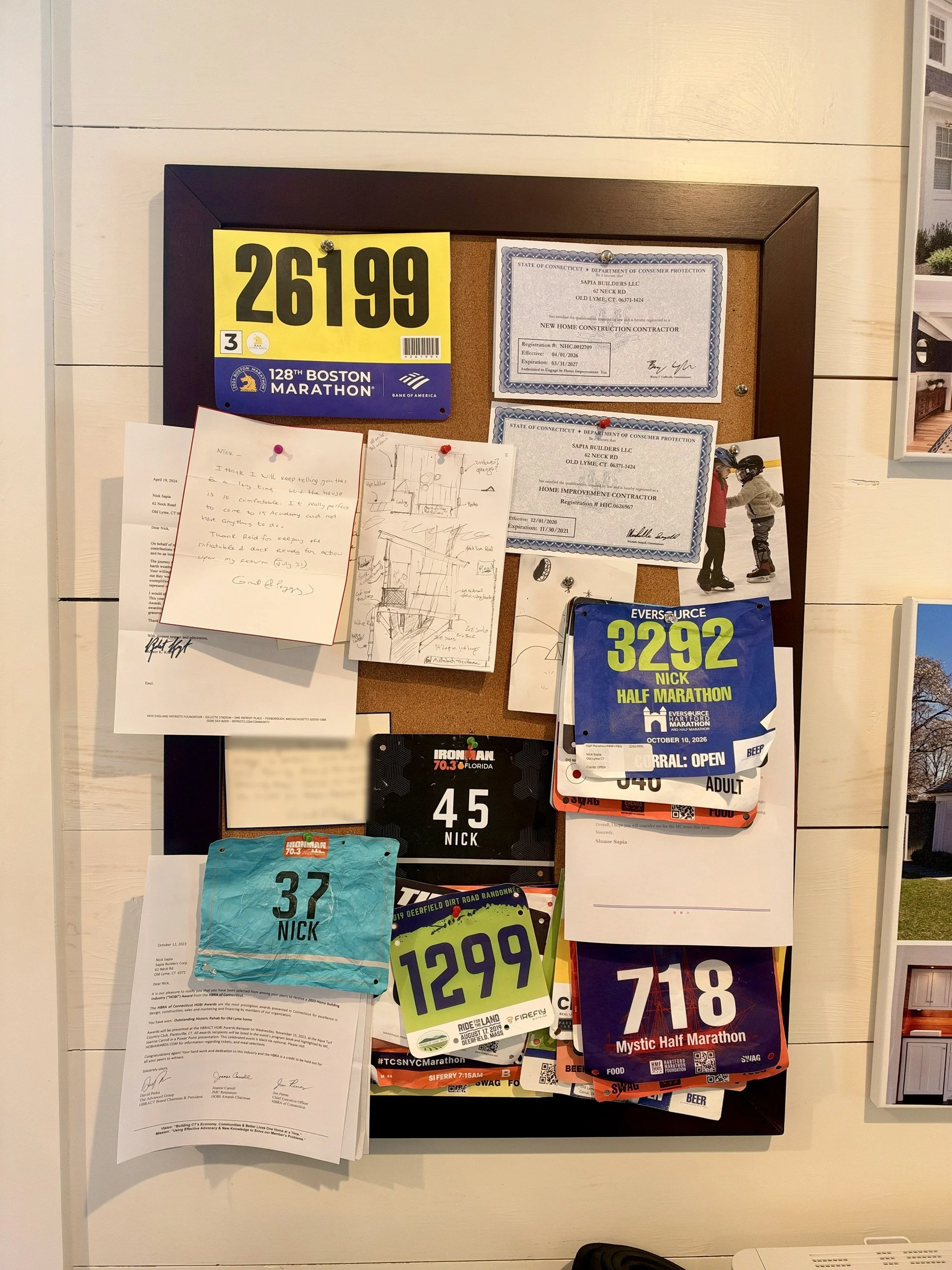 Nick Sapia's race bib board, with his 2024 Boston Marathon bib