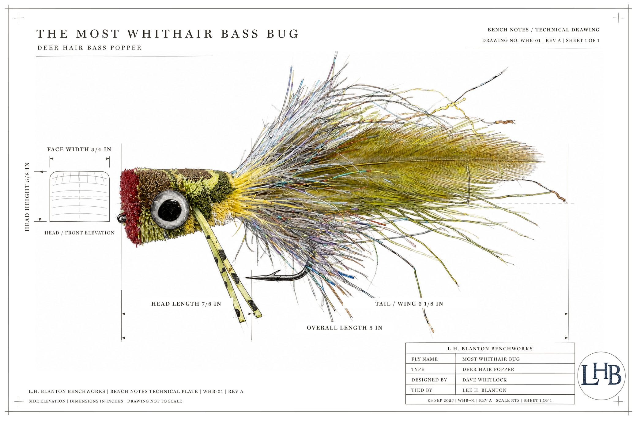 Technical plate of the Most Whithair Bug tied by Lee H. Blanton, with a red-faced banded deer-hair head, rubber legs and feather tail.