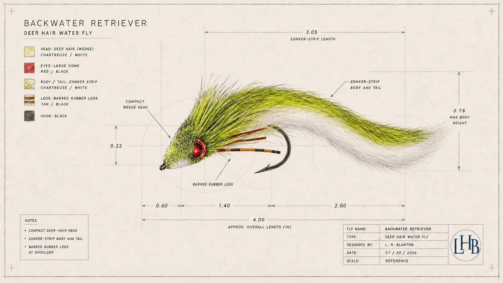 Backwater Retriever technical plate showing the chartreuse and white rabbit-strip fly, compact wedge head, barred legs and four-inch overall length.