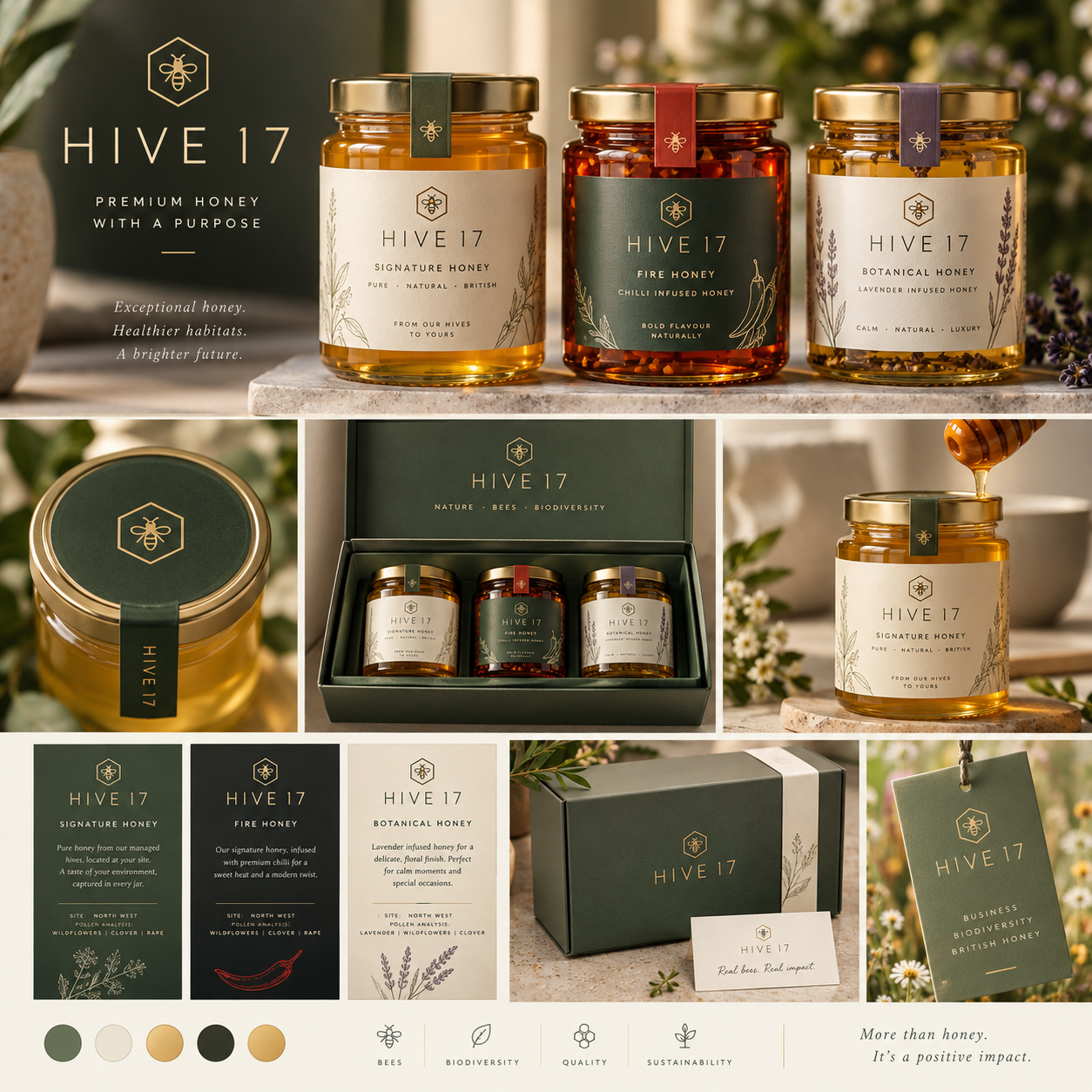 Hive 17 Signature Honey, chilli-infused Fire Honey and lavender-infused Botanical Honey with gift packaging.