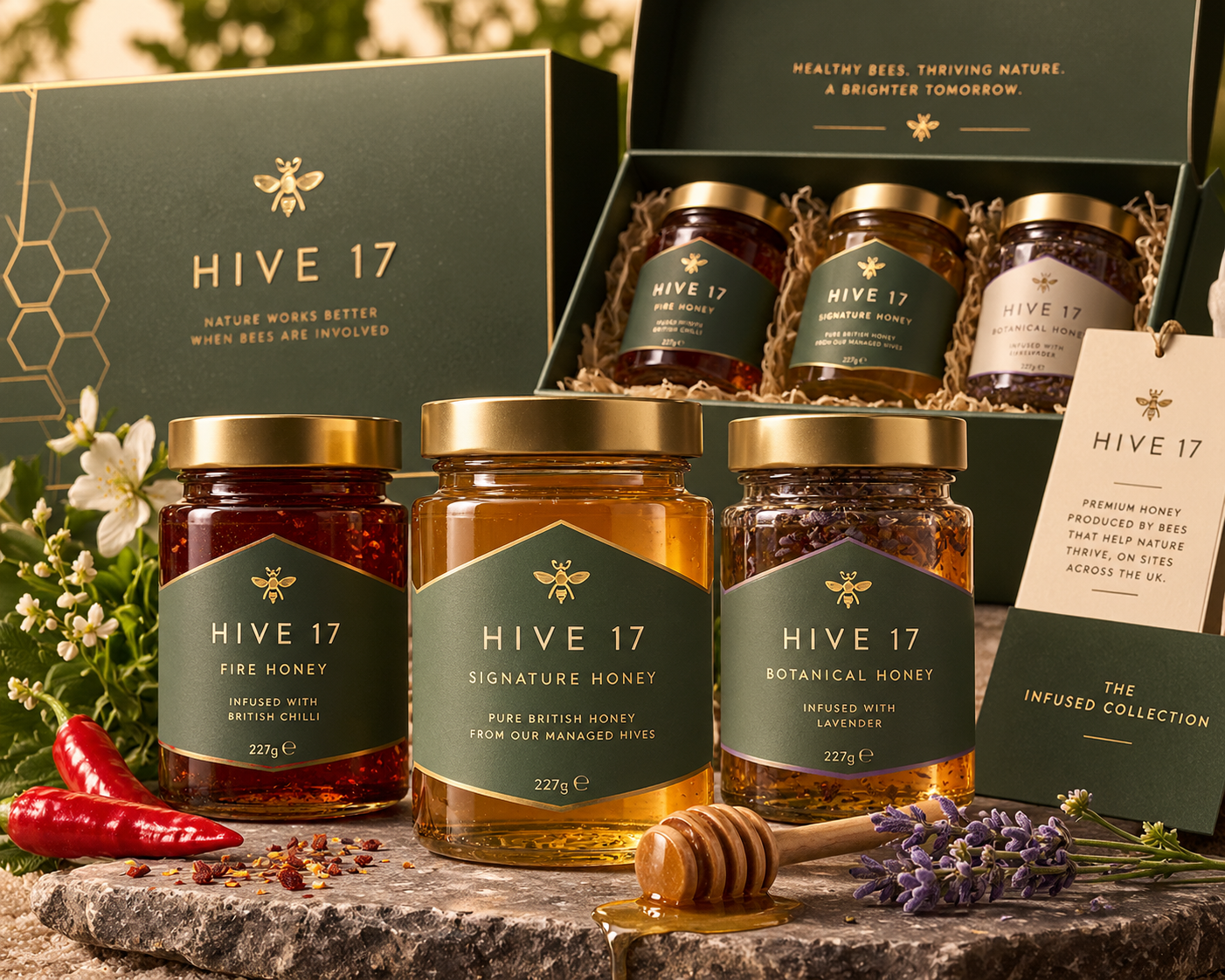 Hive 17 Signature Honey, Fire Honey and Botanical Honey in sage-green and gold packaging.