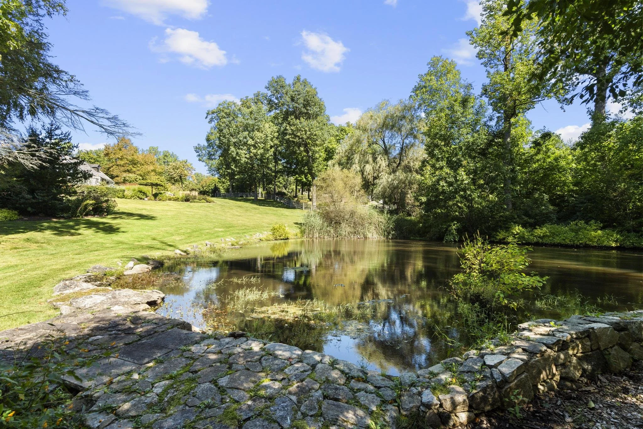 A peaceful outdoor landscape featuring a small pond surrounded by rocks and lush green trees under a bright blue sky with scattered clouds.
