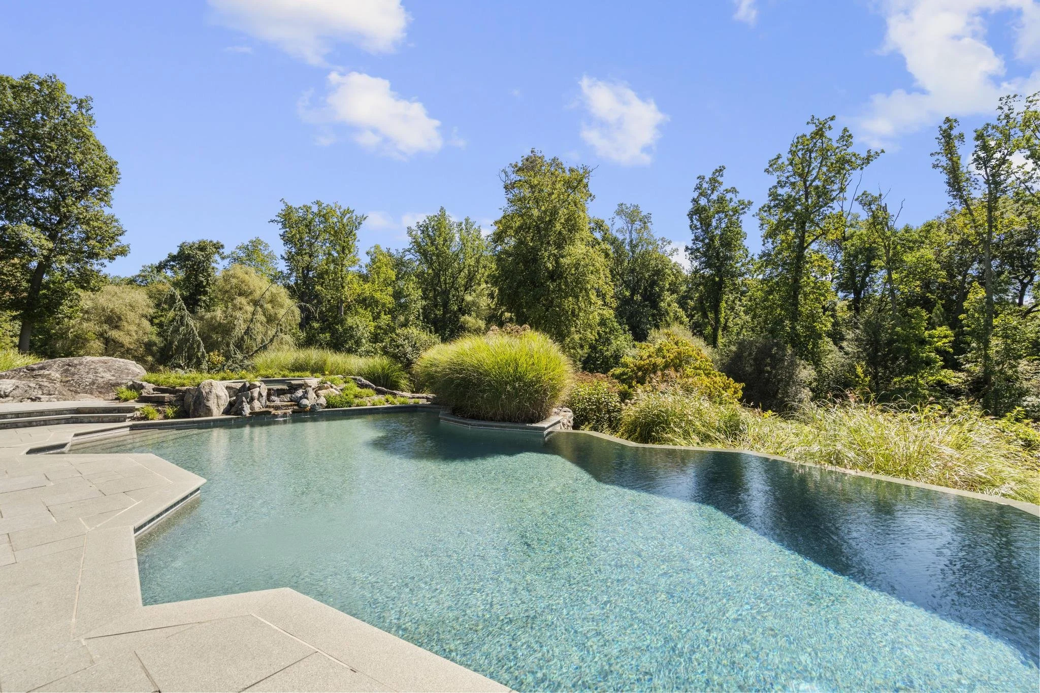 An outdoor swimming pool surrounded by lush green trees and plants under a bright blue sky with some white clouds.