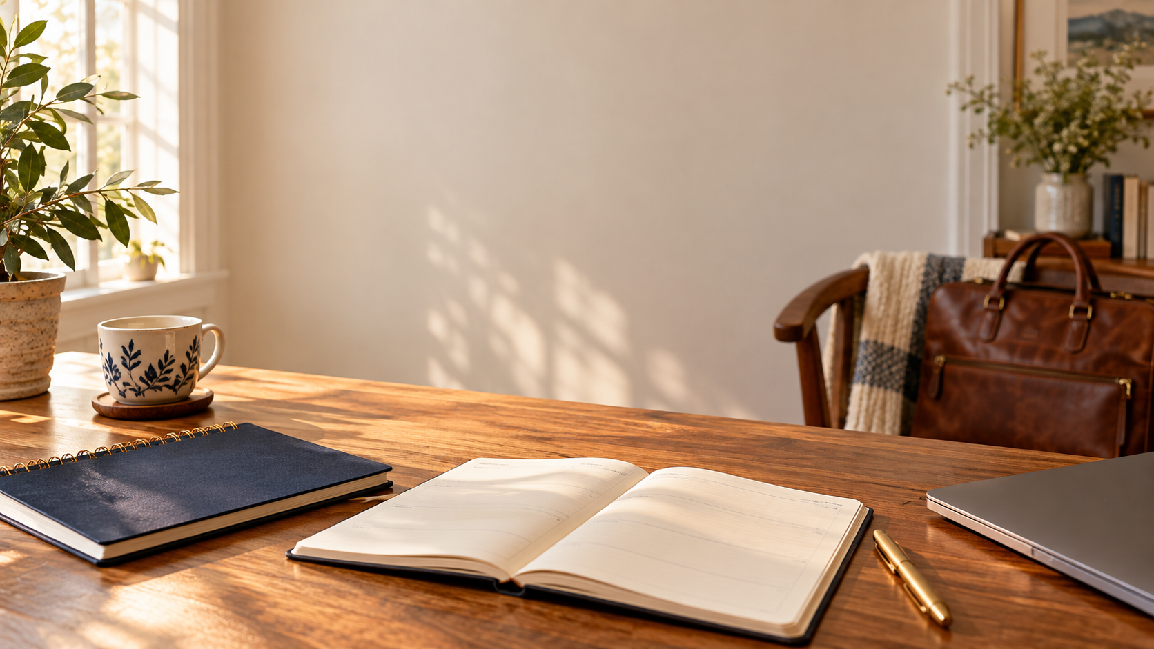 A navy notebook, open planner, laptop, and leather briefcase on a warmly lit desk.