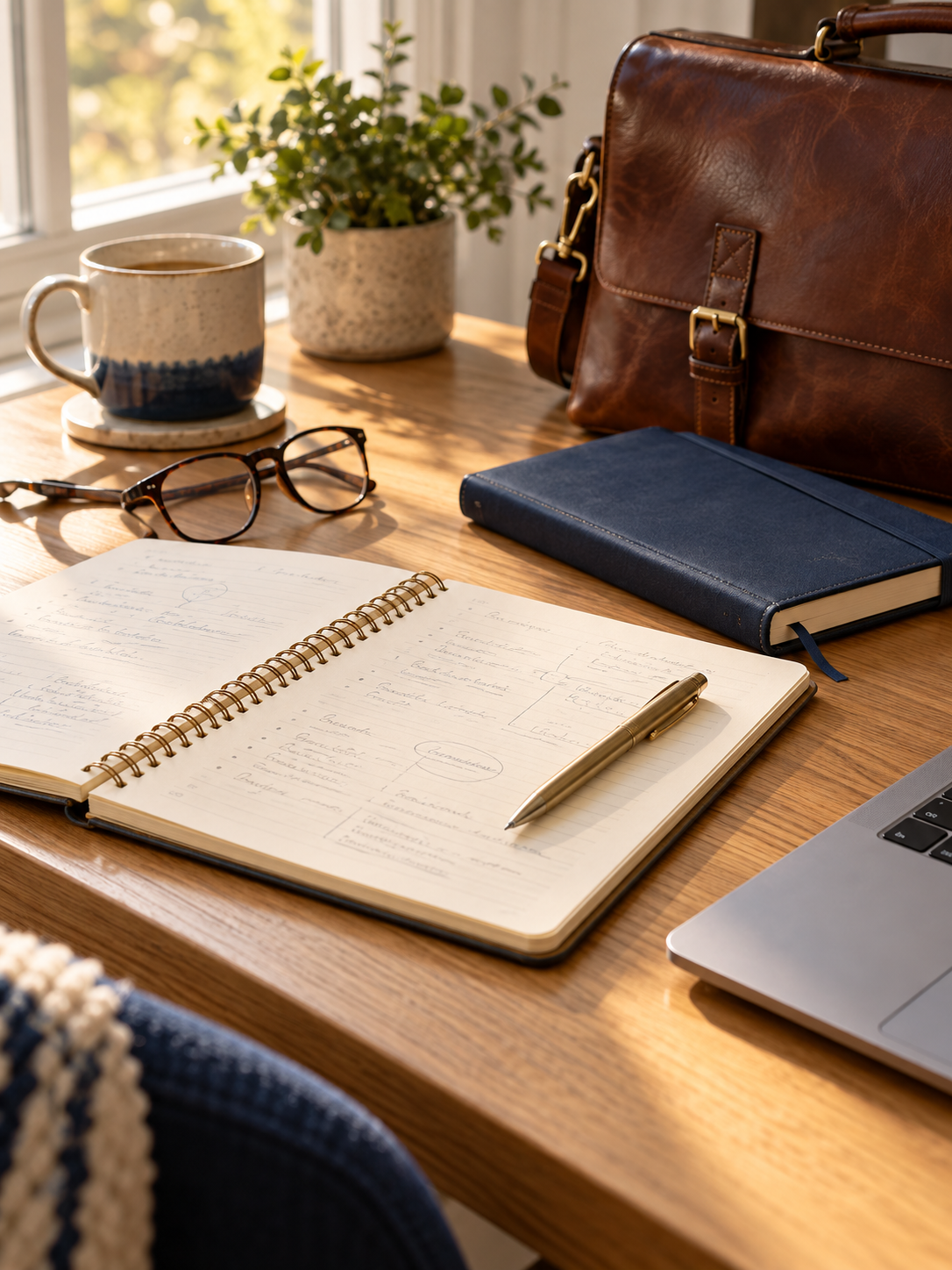 Spiral notebook, navy planner, laptop, glasses, and leather briefcase on a sunlit desk.